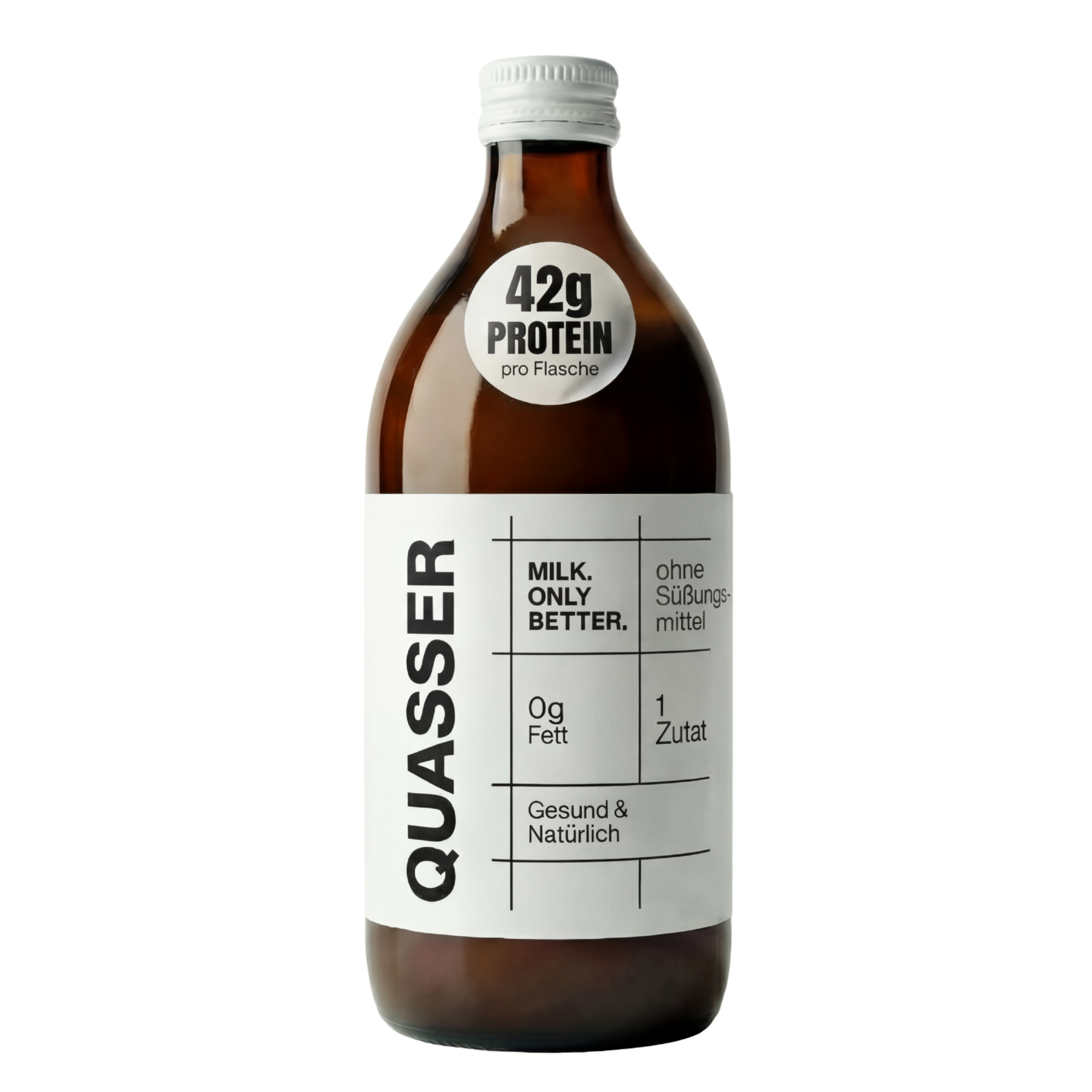 Quasser protein drink in a 500ml brown glass bottle